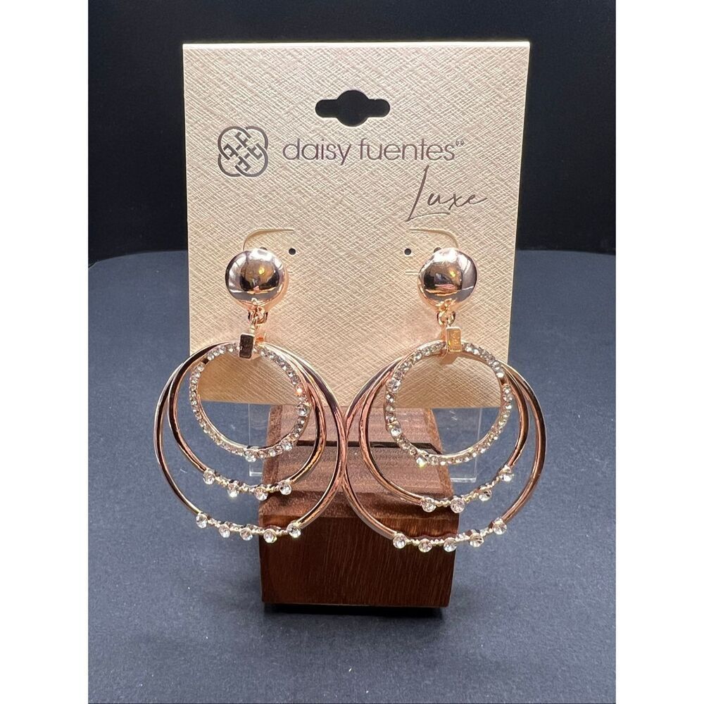 Daisy Fuentes Luxe Rose Gold Tone Rhinestone Crystal Triple Hoop Earrings